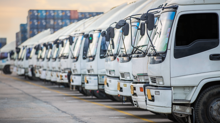 Multiple fleets parked in an organized manner at a parking lot, with the vehicles lined up in neat rows.