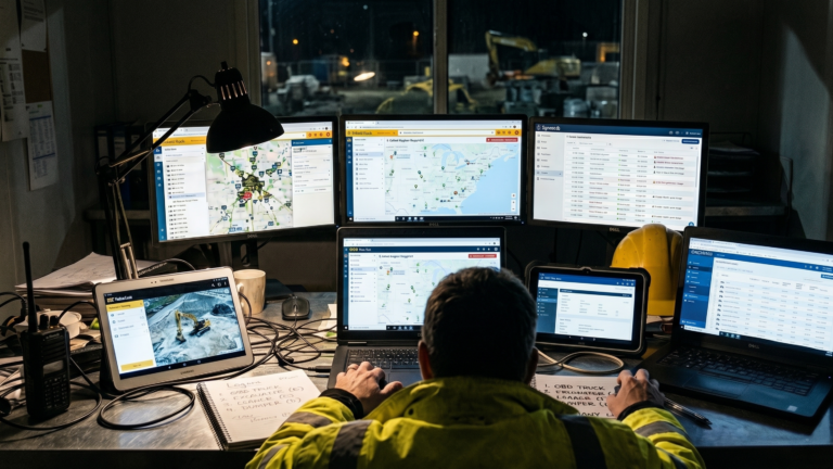 Fleet manager working late at night at a desk crowded with monitors, laptops, and tablets showing telematics maps and trip data, piecing together a manual fleet report